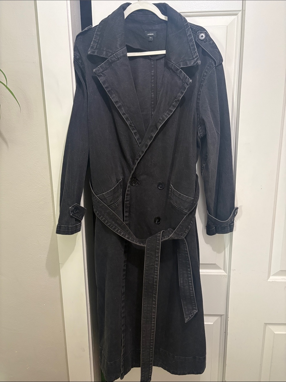 Express Black Double-Breasted Trench Coat with Belt